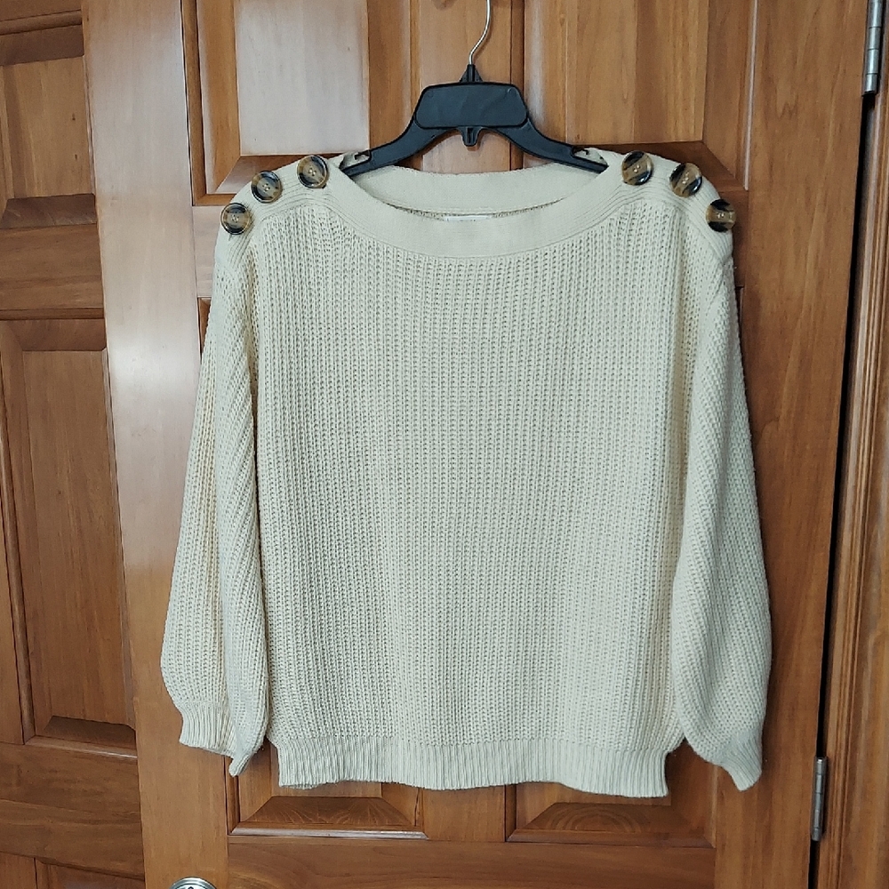 E & M Beige Knit Sweater Balloon Sleeve Button Shoulder, Size Large, Like New▪︎